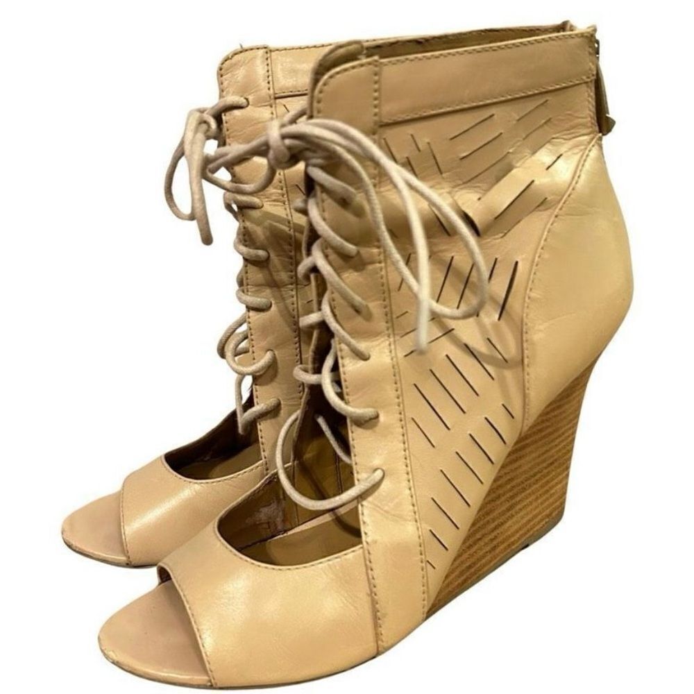 Report Signature Tan Peep-Toe Wedge Ankle Boots
